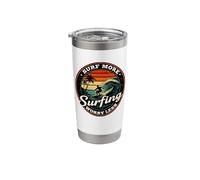 Surf More Surfing Worry Less Retro Sunset Surfer Design Stainless Steel Insulated Tumbler