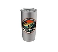 Surf More Surfing Worry Less Retro Sunset Surfer Design Stainless Steel Insulated Tumbler