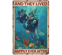 Surf Signs Wall Decor Diving Couple Vertical Poster Art Board Print,They Lived Happily Ever After Poster,Diving Lover Poster,Vintage Maritime Beach Wall Decor Metal Sign 8x12 Inch