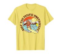 Surf The Pacific Northwest Surfing Bigfoot Funny Beach 80s T-Shirt, Men, Lemon Yellow, Small