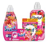 Surf Tropical Lily Laundry 4pc Bundle - Fabric Care Set (Comfort Creations 30w, Liquid 24w, Powder 23w, 3in1 Capsules 15w) - Long Lasting Tropical Floral Fresh Scent Clothes Detergent Value Pack