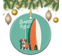 Surfboard and Puppy Ceramic Christmas Ornaments 3 Inch Vintage Hanging Baubles with Gold String for Xmas Tree Decorations Holiday Party Yard Garden Home Decor Festive Keepsake Gift Exchange