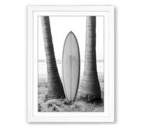 Surfboard Between Palms Coastal Framed Wall Art Print A4 (29.7×21cm) White, Wall Decor for Living Room, Bedroom, Office & Home, Ready to Hang, Art Gift
