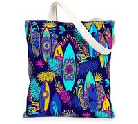 Surfboard Canvas Tote Bag for Women, Summer Bohemian Palm Leaf Mandala Summer Blue Washable Reusable Market Tote Bags Ideas, Blue, 13x15 Inch