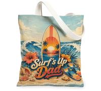 Surfboard Canvas Tote Bag for Women, Summer Tropical Sunset Hibiscus Summer Blue Washable Reusable Shopping Bags Ideas for, Blue, 13x15 Inch