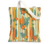 Surfboard Canvas Tote Bag for Women, Tropical Beach Flower Palm Leaf Summer Orange Washable Reusable Everyday Tote Bag Idea, Orange, 13x15 Inch
