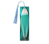 Surfboard in Vintage Style On Turquoise Wooden Wooden Bookmark Book Lovers Tassels Crafts Accessories Reading Book Club Party