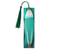 Surfboard in Vintage Style On Turquoise Wooden Wooden Bookmark Book Lovers Tassels Crafts Accessories Reading Book Club Party