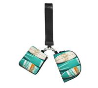 Surfboard in Vintage Style on Turquoise Wooden Wristlet Keychain Wallet Pouch with Strap Double Zipper Small Coin Purse Portable Wrist Bag for Travel Gym Daily Use