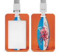 Surfboard Octopus Id Badge Holder with Lanyard, Clear Vertical Card Protector Waterproof, Breakaway Safety Neck Strap, Heavy Duty Name Tag Holder for Nurse Teacher Officer Staff Women Men