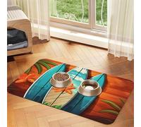 Surfboard On Wooden Dog Food Mats for Floors, 12x18 Inch Non-Slip Super Absorbent Pet Food Mat, Dishwasher Dog Mat for Food and Water, Cute Quick Dry Pet Feeding Mat for Dogs Puppy Cats