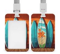 Surfboard on Wooden ID Badge Holder Durable ABS Plastic Card Case Protector with Lanyard, Push-Pull Slot, Stylish Lanyard ID Card Holders for Office Corporate Use