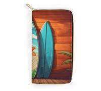 Surfboard on Wooden Leather Wallet, Bifold Stylish Wallets, Credit Card Holder for Passport Covers, Purse Passport Bag for Men Women
