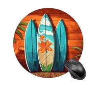 Surfboard on Wooden Round Mouse Pad, Non-Slip Rubber Base Waterproof Washable, Computer Mouse Mat for Office Gaming Studying, Premium-Textured Durable Portable Circle Mousepad for Desktop PC Notebook