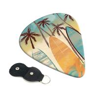 Surfboard Palm Tree Guitar Picks 6 Pack with Leather Guitar Pick Holder Keychain, Plectrum Key Fob Cases Bag, Abstract Art Plectrum for Acoustic Electric Guitar, Ukulele 0.71mm