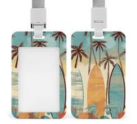 Surfboard Palm Tree ID Badge Holder Durable ABS Plastic Card Case Protector with Lanyard, Push-Pull Slot, Stylish Lanyard ID Card Holders for Office Corporate Use