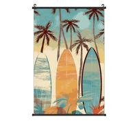 Surfboard Palm Tree Wall Art Scroll - Canvas Wall Scroll with Hooks, Waterproof & Fade-Resistant Hanging Poster for Home, Office, Store Decor