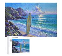 Surfboard Sunset Puzzle - 1000 Piece Wooden Jigsaw for Adults - Beach Theme Puzzle for Ocean Lovers and Calm Hobby Time