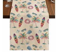 Surfboard Table Runner, Summer Retro Tropical Coconut Tree Hat Swim Ring Glasses Cotton and Table Linen Runner for Kitchen Dining Home Decor for Party Festival Holiday Decoration Gift 13x70in