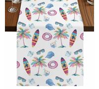 Surfboard Table Runner, Summer Tropical Coconut Tree Hat Swim Ring Glasses Coastal Cotton and Table Linen Runner for Kitchen Dining Home Decor for Party Festival Holiday Decoration Gift 13x60in