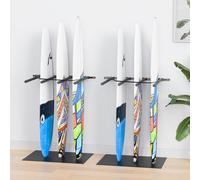 Surfboard Wall Mount Vertical Surfboard Rack for Wall with Elastic Cord and Rubber Mat, Outdoor Indoor Garage Storage Rack for Surf Board, Paddle Board, Wakeboard, Snowboard, Skateboard(4 Arms, 2Pcs)