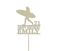 Surfboard Waves Cake Topper Personalised Girls Birthday Cake Decoration Any Name & Age | Personalised Cake Topper with Custom Name & Age | Birthday Party Decoration (Pale Gold)