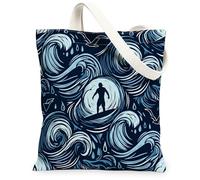 Surfer Canvas Tote Bag for Women, Ocean Dynamic Waves Droplets Summer Navy Blue Washable Reusable Small Tote Bags Ideas for, Navy Blue, 13x15 Inch