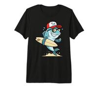 Surfer Fish Cartoon Beach Mascot with Surfboard Hat Premium T-Shirt