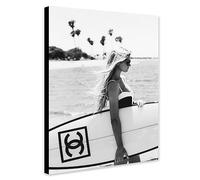 Surfer Girl Surboard- Monocrome - Fashion Wall Art - Wrapped Framed Canvas Wall Art (A4 [30cm x 20cm])