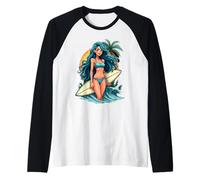 Surfer Girl with Blue Hair Beach Vibes Summer Fun Raglan Baseball Tee