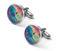 Surfer Riding Wave Sea Coral Dreamy Round Cufflinks for Men Classic Cuff Links Jewellery for Wedding Business Party