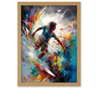 Surfer Surfing on Rainbow Paint Splat Waves Artwork Framed Wall Art Print A4 Artery8 Light Oak One Size