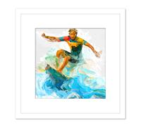 Surfer Surfing Riding Point Break Wave Water Sport Sea Oil Painting Square Wooden Framed Wall Art Print Picture 8X8 Inch Artery8 White One Size