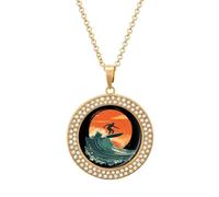 Surfer Surfing Riding The Wave Sunset Women's Necklace Round Pendant Circle Charm Necklaces Fashion Jewelry