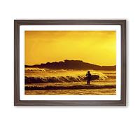 Surfer Surfing Sunset Seascape Modern Framed Wall Art Print, Ready to Hang Picture for Living Room Bedroom Home Office Décor, Walnut A2 (64 x 46 cm)