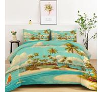 Surfer Windsurfer Coverless Duvet Queen 7.5 Tog, Blue Soft Warm Microfibre Retro Island Quilted 200 x 220 cm Comfortable Coverless Duvet Summer Washable Quilt Duvets with Pillowcase