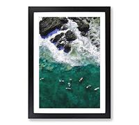Surfers at Byron Bay in Australia Painting Framed Print | A2 Black Framed Wall Art | Ready to Hang | Modern Historical Picture | Living Room Bedroom Lounge Office