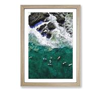 Surfers at Byron Bay in Australia Painting Framed Print | A2 Oak Framed Wall Art | Ready to Hang | Modern Historical Picture | Living Room Bedroom Lounge Office
