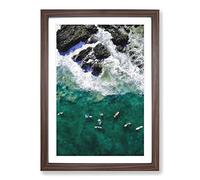 Surfers at Byron Bay in Australia Painting Framed Print | A2 Walnut Framed Wall Art | Ready to Hang | Modern Historical Picture | Living Room Bedroom Lounge Office