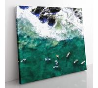 Surfers At Byron Bay In Australia Painting Modern Canvas Wall Art Print Ready to Hang, Framed Picture for Living Room Bedroom Home Office Décor, 35x35 cm (14x14 Inch)