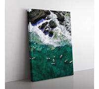 Surfers At Byron Bay In Australia Painting Modern Canvas Wall Art Print Ready to Hang, Framed Picture for Living Room Bedroom Home Office Décor, 60x40 cm (24x16 Inch)