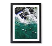 Surfers At Byron Bay In Australia Painting Modern Framed Print | A2 Black Framed Wall Art | Ready to Hang | Modern Historical Picture | Living Room Bedroom Lounge Office