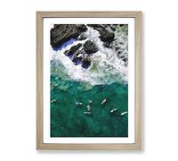 Surfers At Byron Bay In Australia Painting Modern Framed Print | A4 Oak Framed Wall Art | Ready to Hang | Modern Historical Picture | Living Room Bedroom Lounge Office