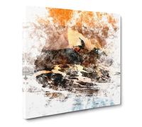 Surfing as the Sun Sets Watercolour Canvas Print | Gallery Wrapped 30mm Frame Wall Art | 14x14 inches | Ready to Hang | Modern Beach Picture | Living Room Bedroom Lounge Office