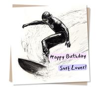 Surfing Birthday Card for Boys - Cool Wave Lover, Ocean Design | for Friend, Son, Husband, Uncle, Partner, Brother, Sister - Sketch Style, Dynamic - Blank Inside, with Envelope