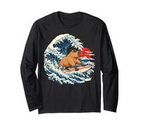 Surfing Capybara Japanese Ocean Wave Retro Beach Animal Long Sleeve T-Shirt