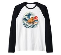 Surfing Capybara Japanese Ocean Wave Retro Beach Animal Raglan Baseball Tee