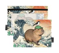 Surfing Capybaras Japanese Style Zip Pencil pouching with Clear Window Zippered Pencil Bag Big Capacity Pockets 3 Hole Punched for Office Supplies Multicolored 2 PCS