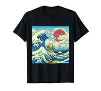Surfing Cat Hokusai Great Wave Off Kanagawa Japanese Art Value Graphic T-Shirt, Men, Black, S