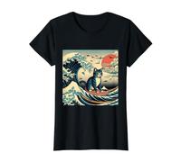 Surfing Cat Hokusai Great Wave Off Kanagawa Japanese Art Value Graphic T-Shirt, Women, Black, M